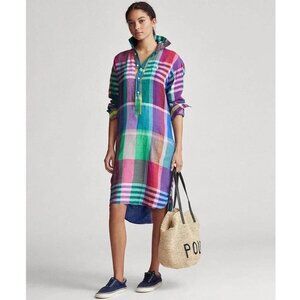 Polo Ralph Lauren Plaid Popover Shirt Dress Linen Madras Pockets Long Sleeve 10